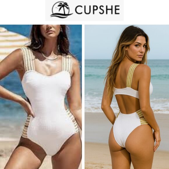 NWT Cupshe White and Gold Side Cut Outs One Piece Bathing Suit - Picture 1 of 15